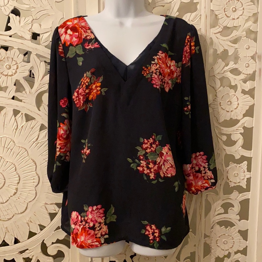 Navy, Floral Blouse